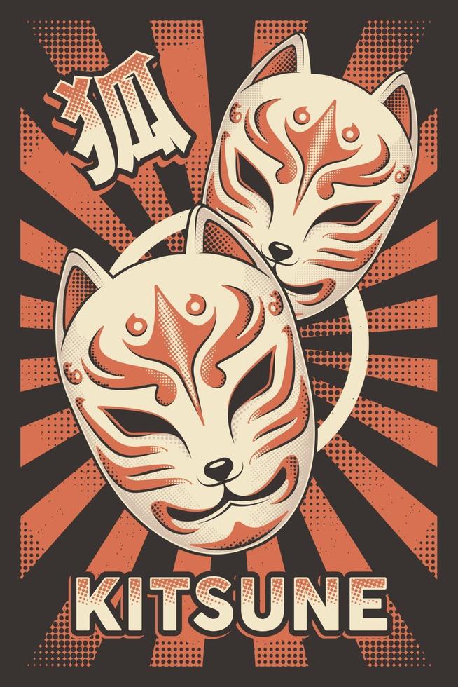 cartel de kitsune de máscara de zorro japonés retro vector