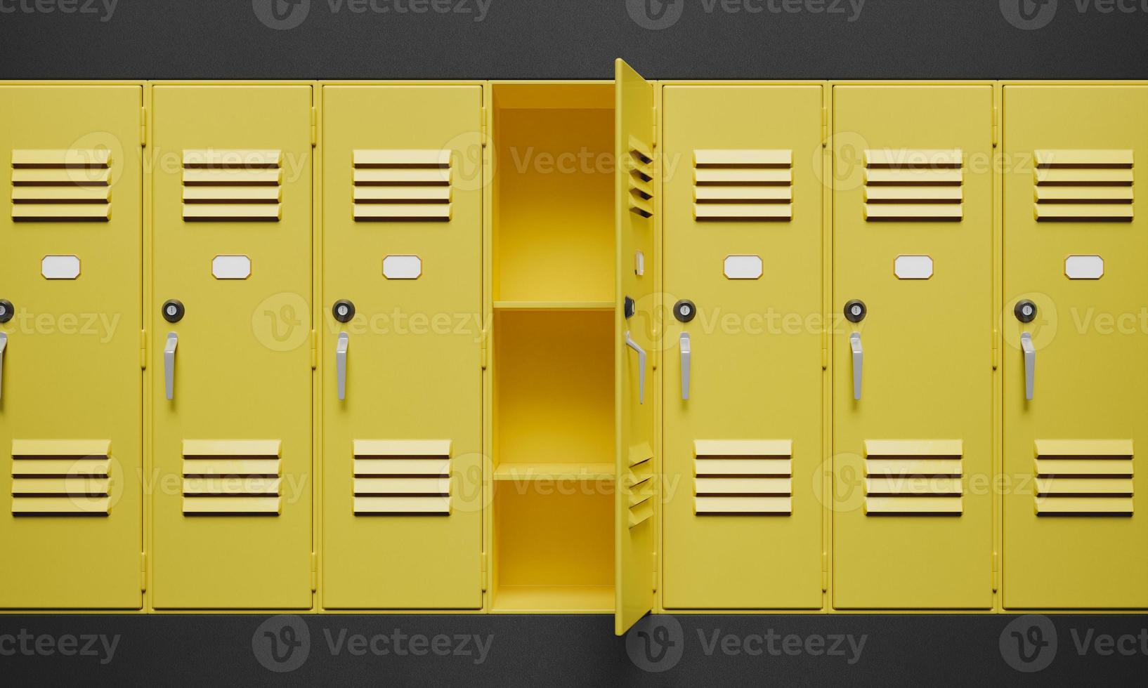 Yellow lockers with one of them open photo