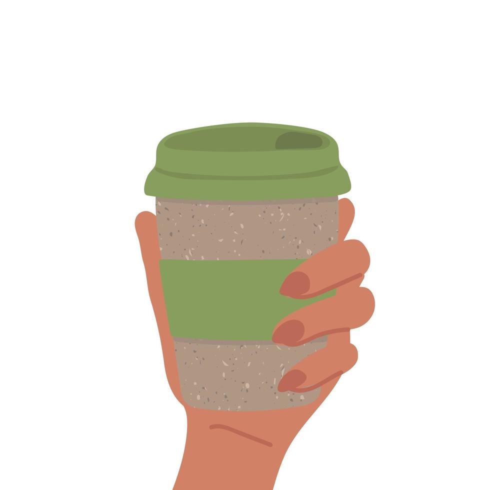Ilustración de taza de café ecológica reutilizable sostenida en las manos vector