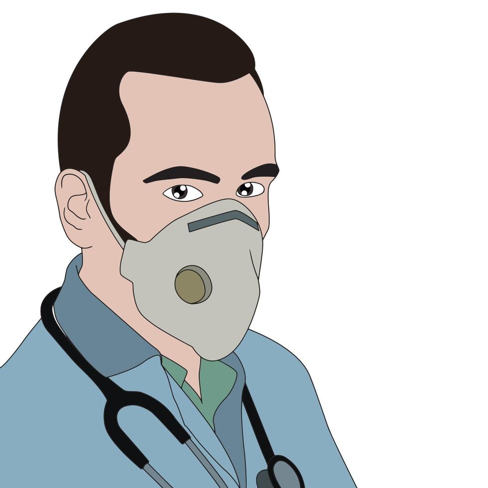 Vector character with mask hand drawn illustration - virus protection.