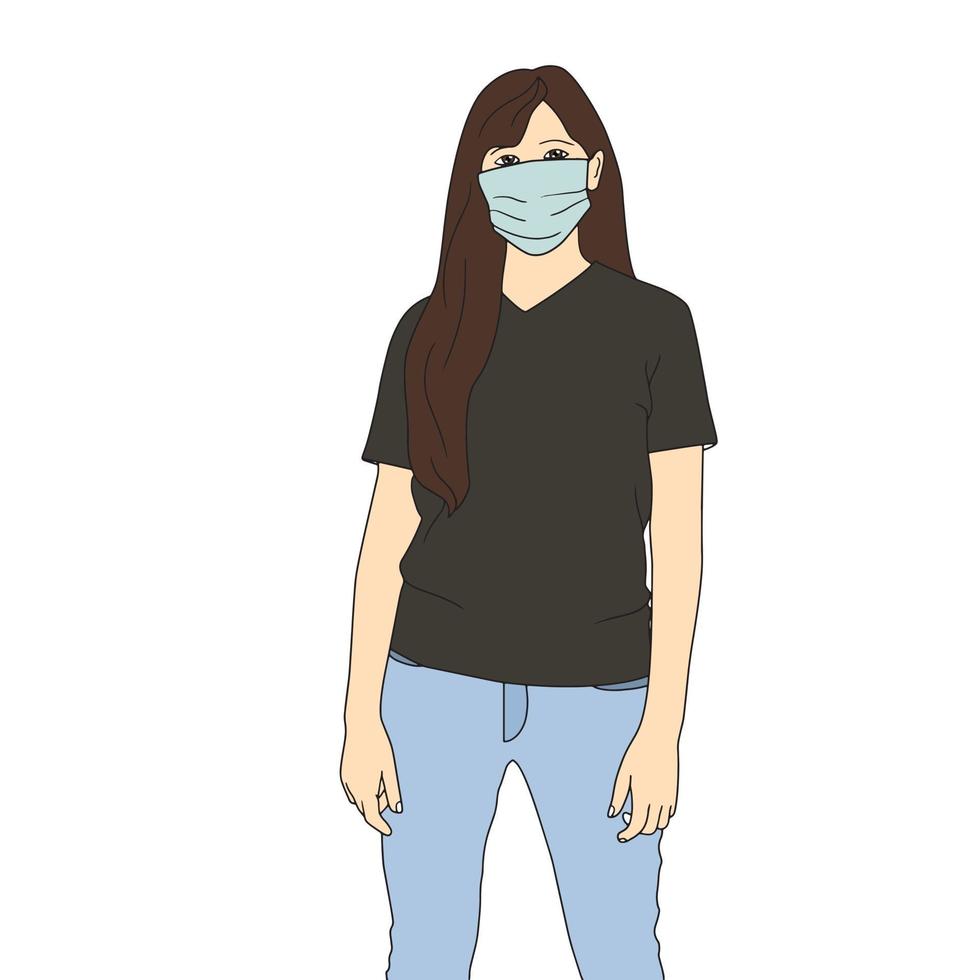 Vector character with mask hand drawn illustration - virus protection.