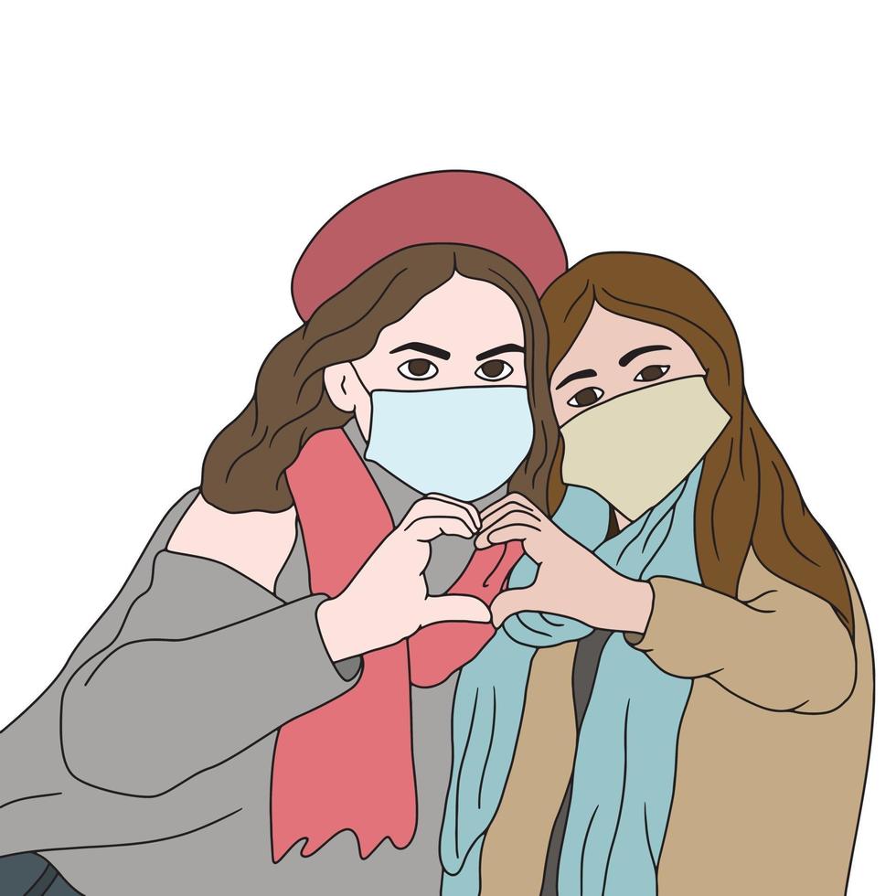 Vector character with mask hand drawn illustration - virus protection.