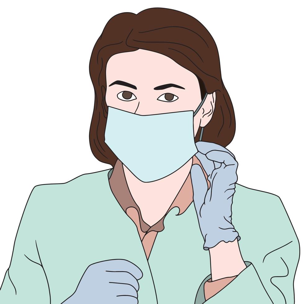 Vector character with mask hand drawn illustration - virus protection.