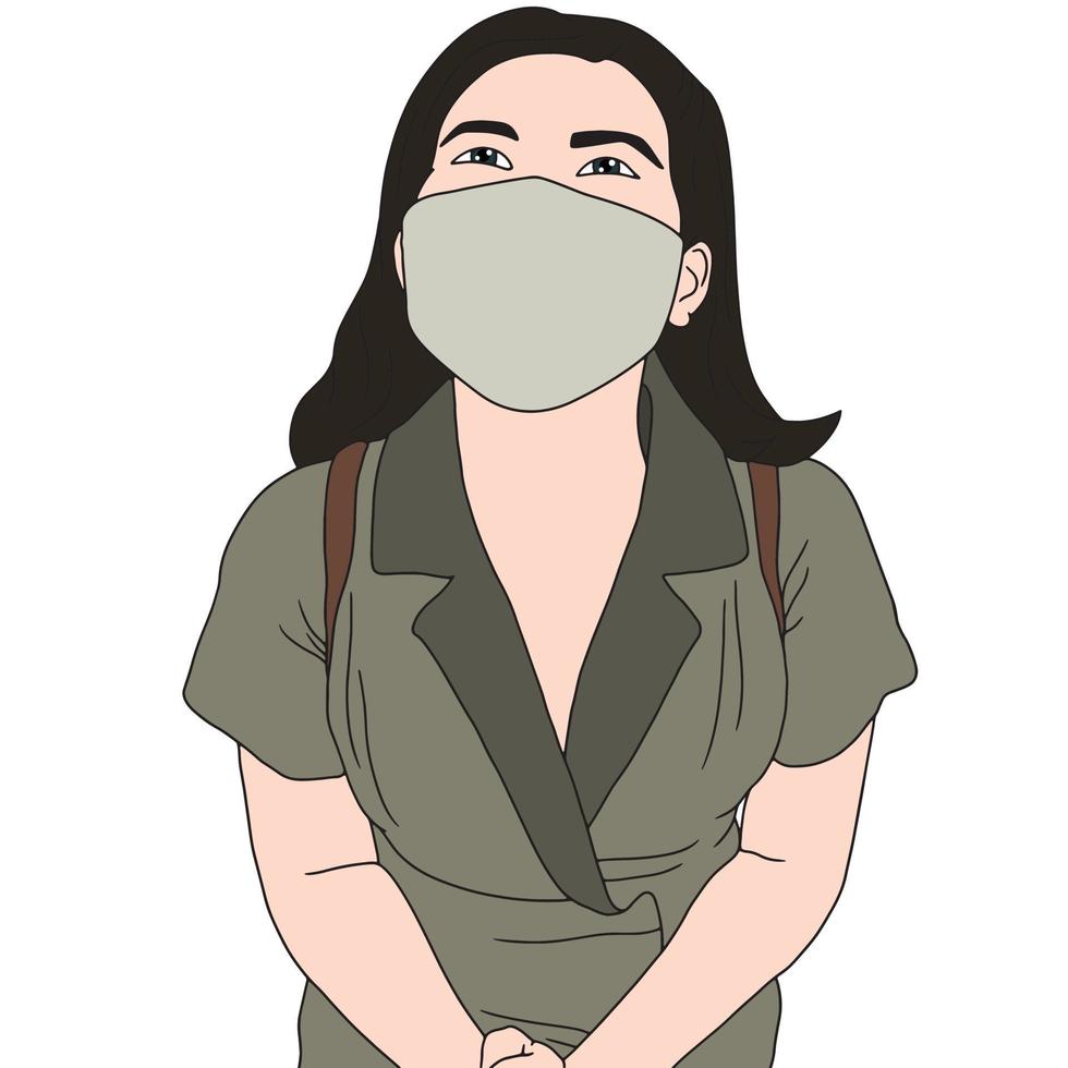 Vector character with mask hand drawn illustration - virus protection.