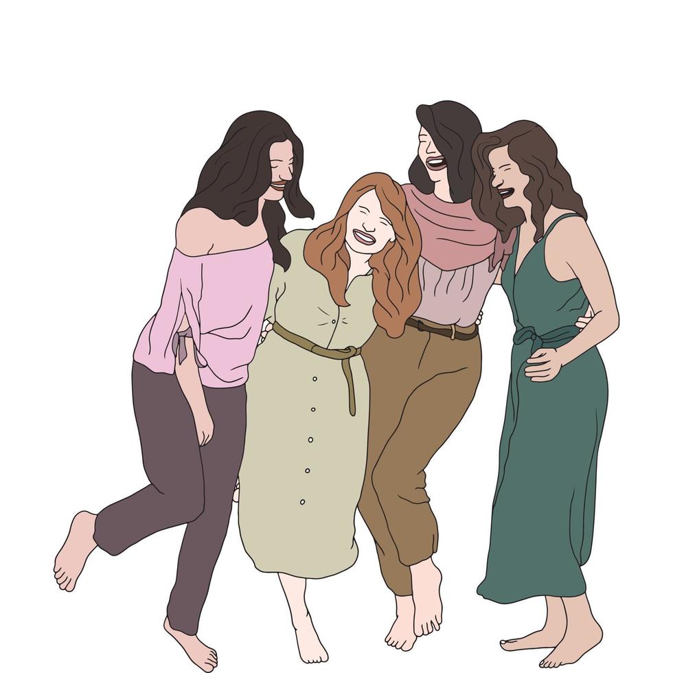 a group of the girl holding hands and dancing, flat illustration vector