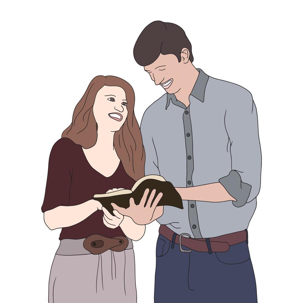 a couple reading book while walking or standing vector