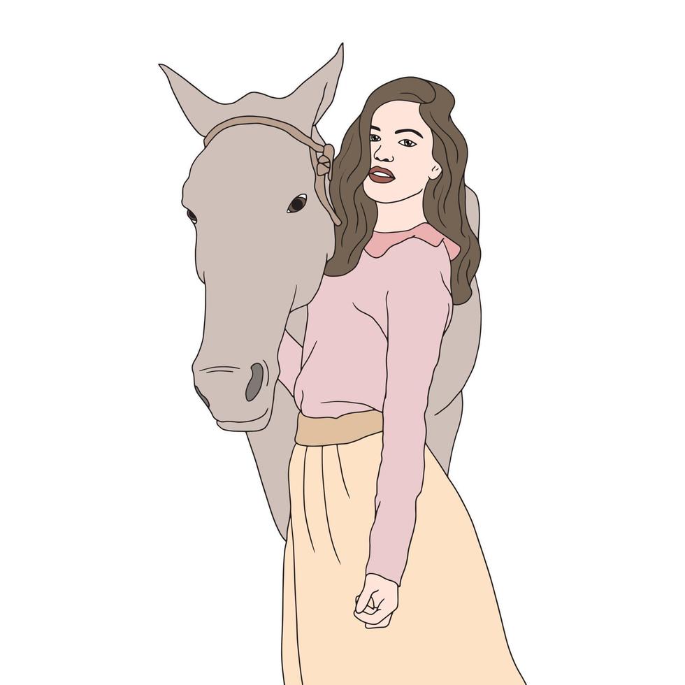 niña con el caballo en pose de pie, ilustración plana de personas vector