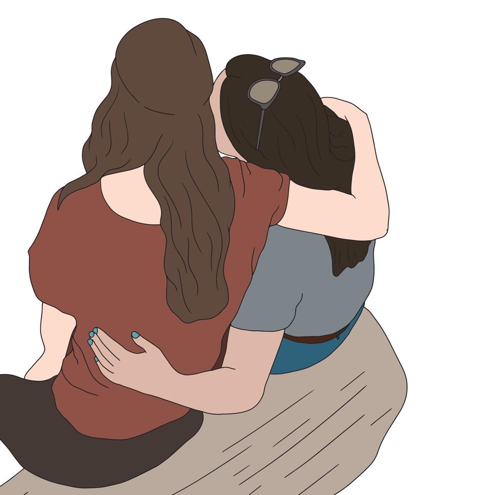 two girls sitting on a woodblock drawn from the backside, vector