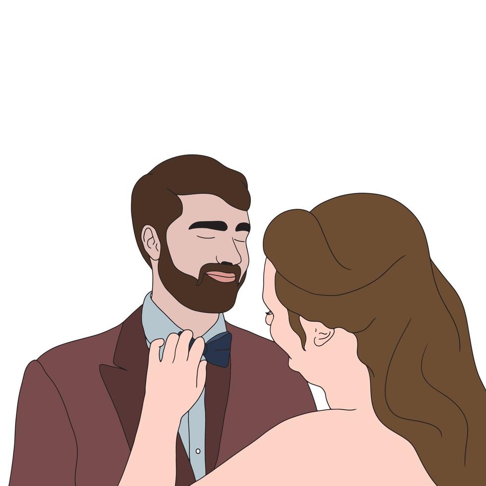 mujeres de cabello largo ajustando la pajarita de los hombres, ilustración plana de personas vector