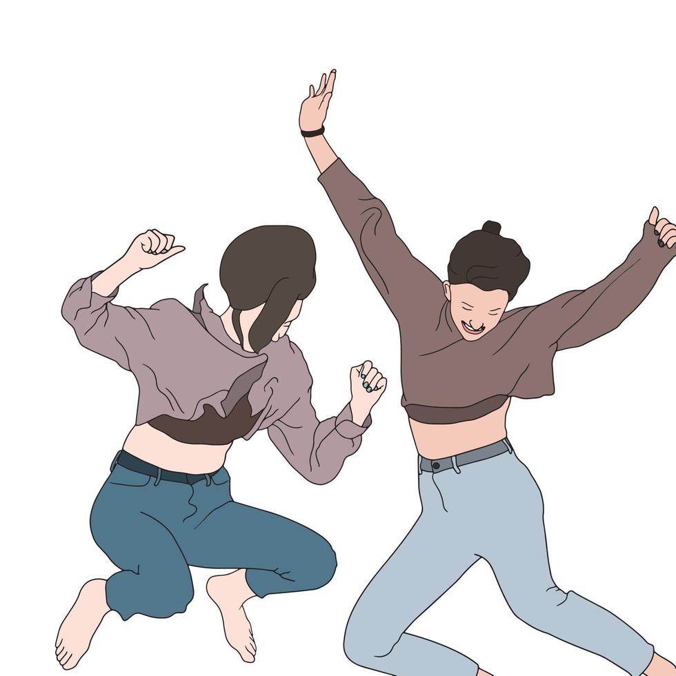 dos niñas saltando en el aire amigos felices personajes dibujados a mano. vector