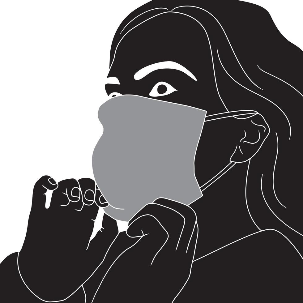 Mujer ajustando su silueta de personaje de máscara facial sobre fondo blanco. vector