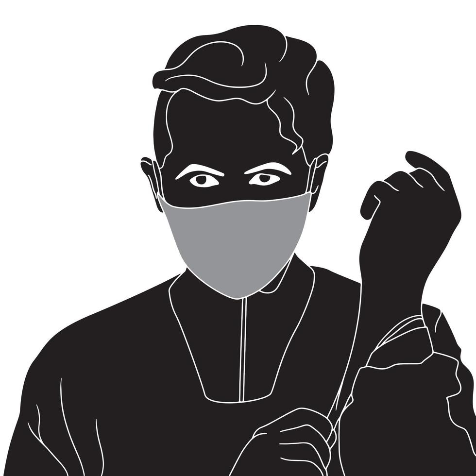 man in mask adjusting glove character silhouette on white background vector