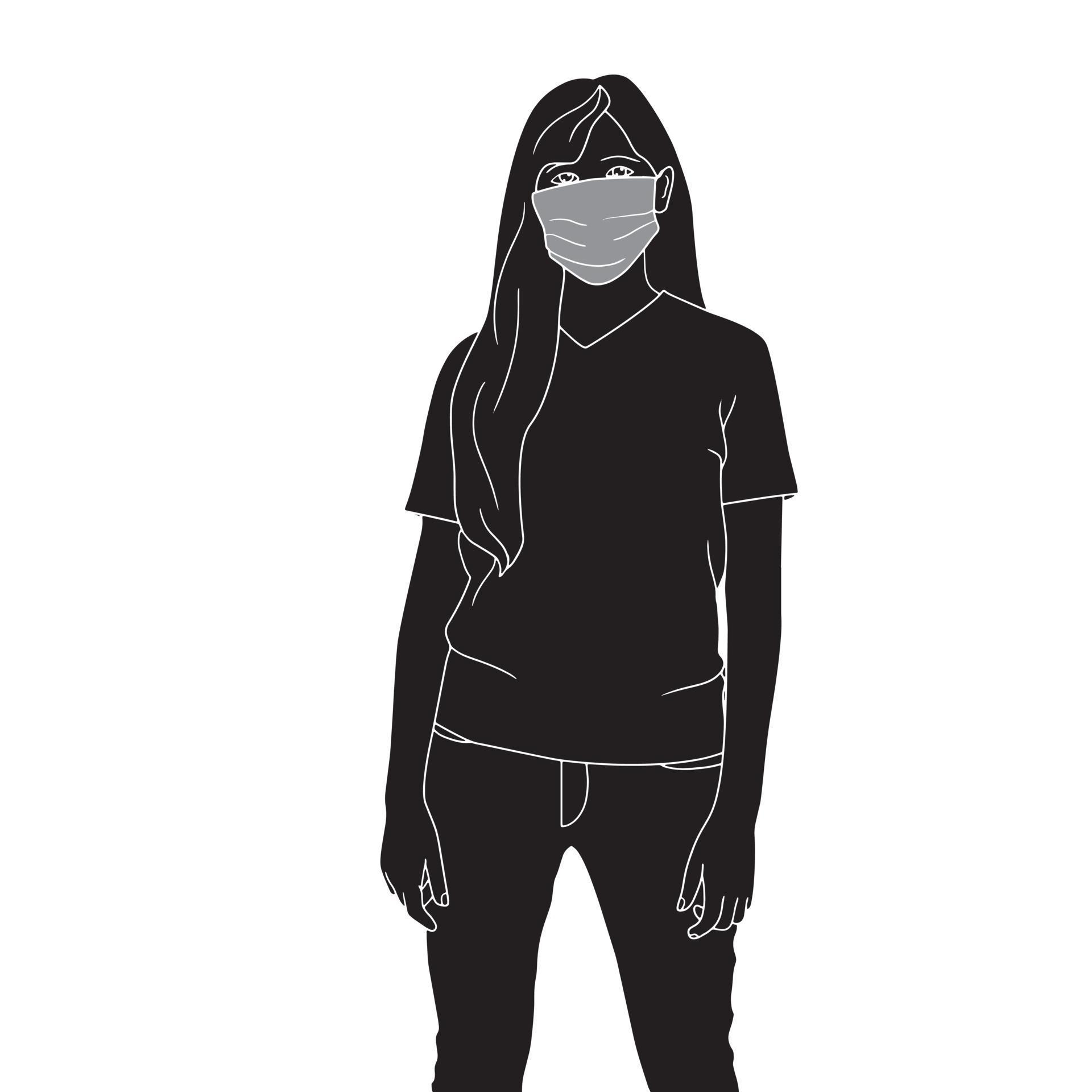 women with mask standing pose character silhouette on white background