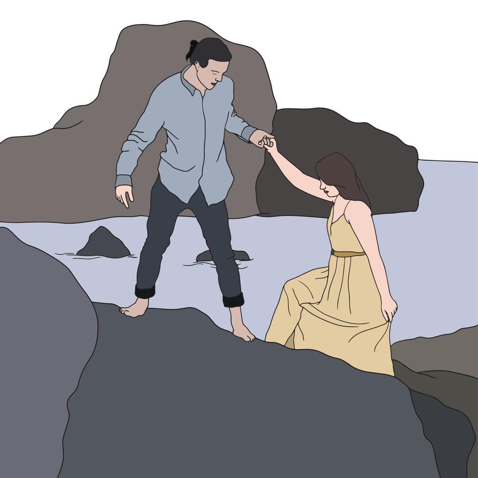 flat illustration of men helping women to climb on big beach stones vector