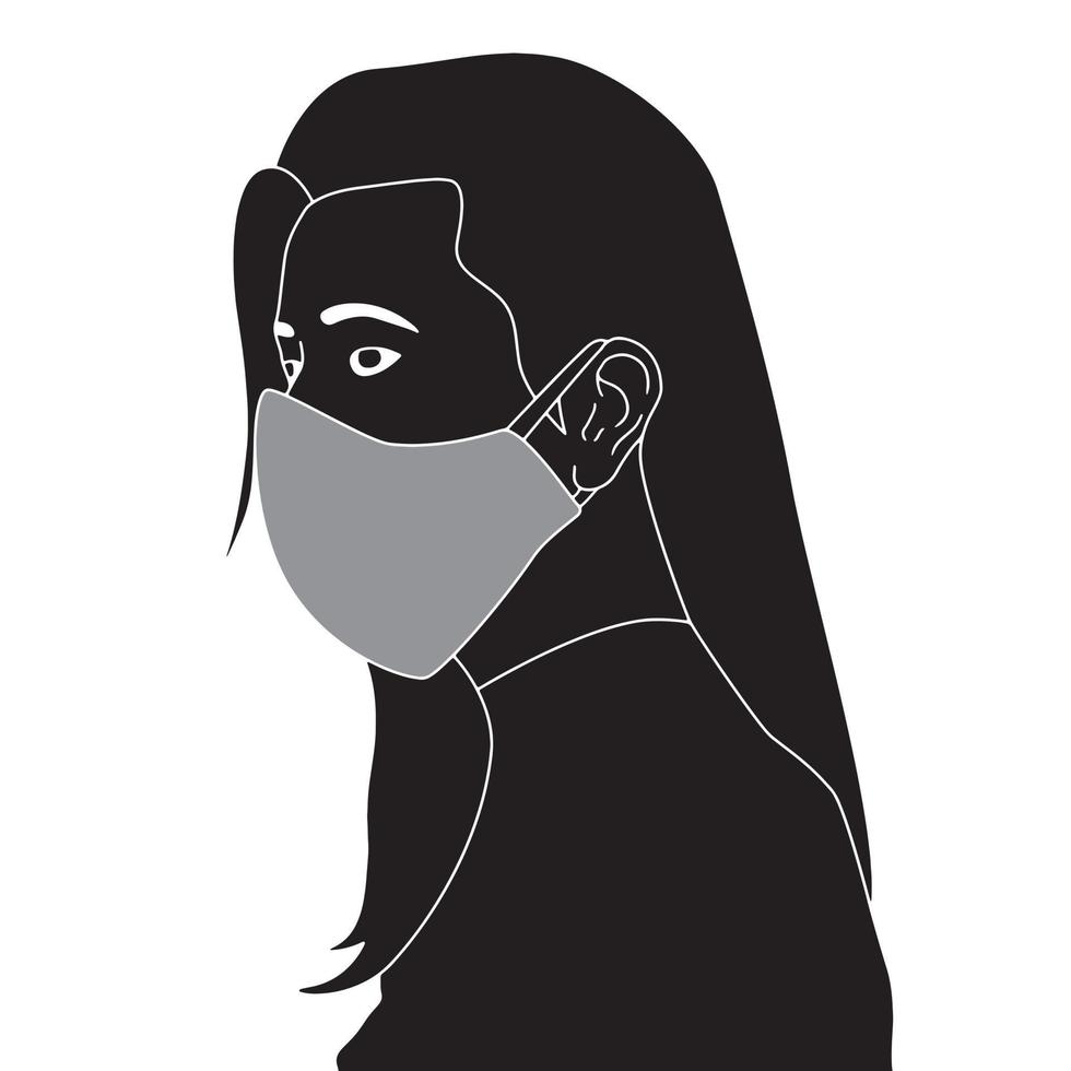 young girl in the mask from side view silhouette on white background, vector