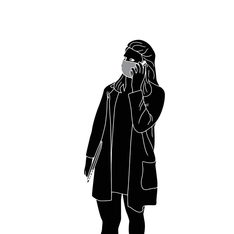 women on a phone call in mask character silhouette on white background vector