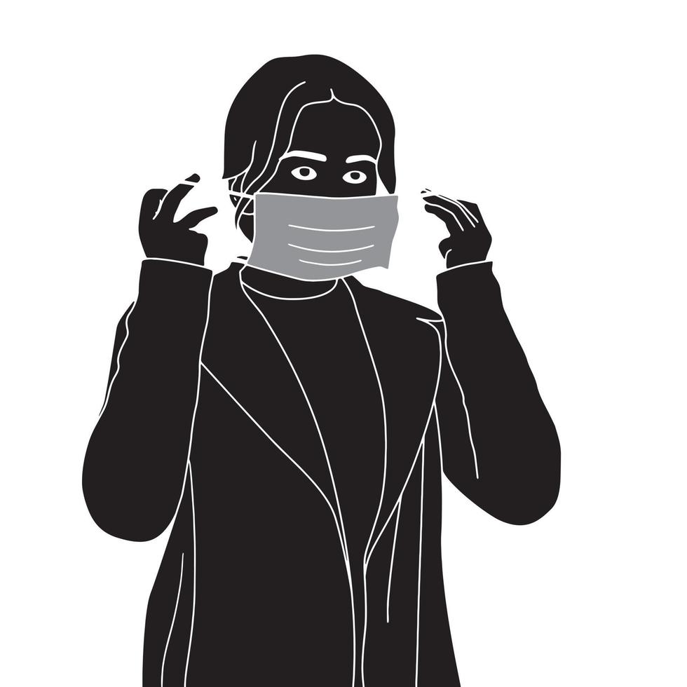 Chica con ilustración de silueta de personaje de máscara sobre fondo blanco, vector