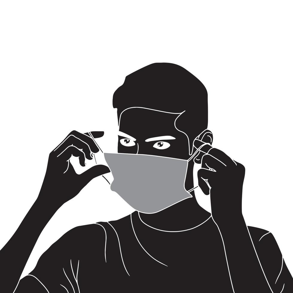 young man with mask on face character silhouette on white background