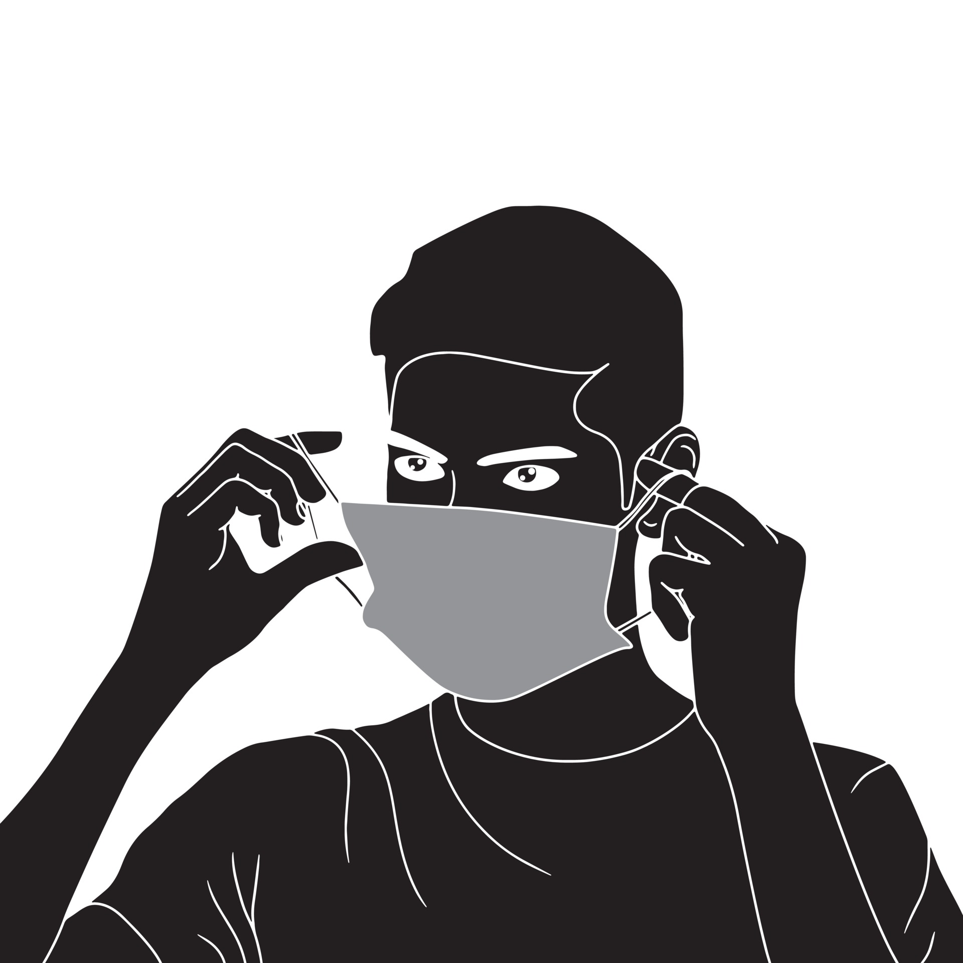 young man with mask on face character silhouette on white background