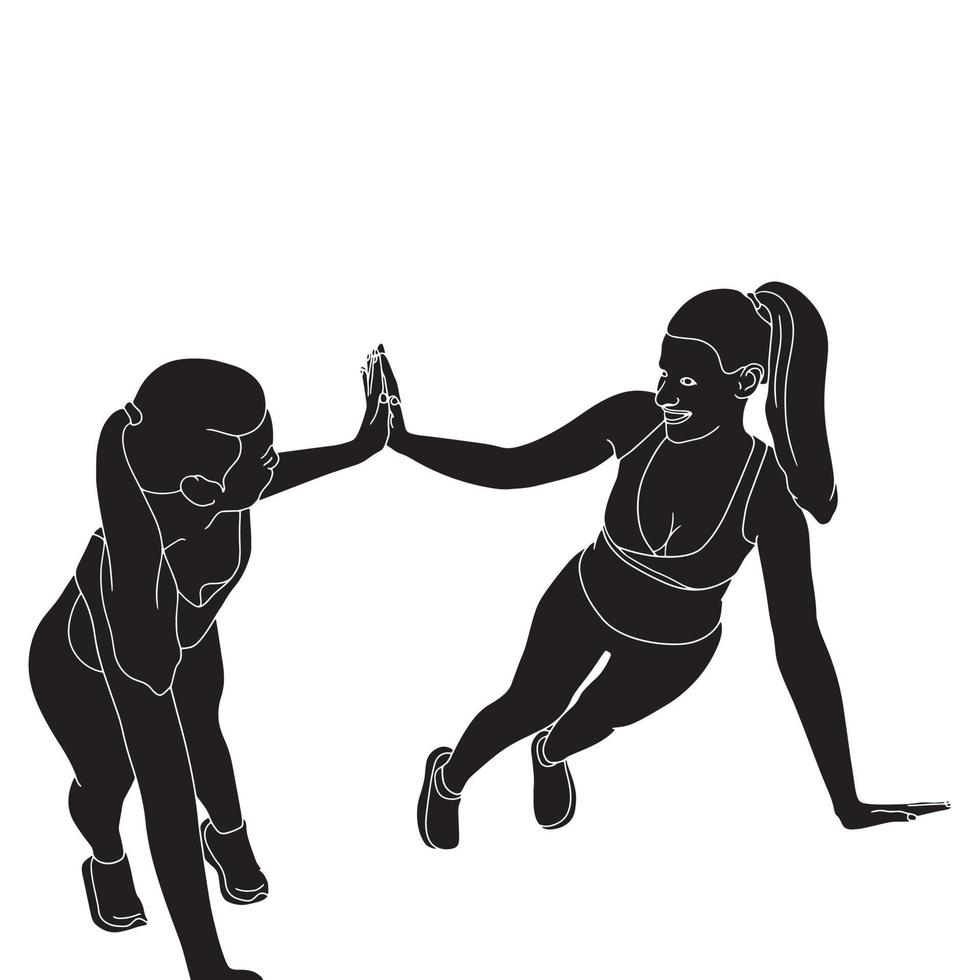 Silhouette - Two female friends doing morning push-up with fun vector