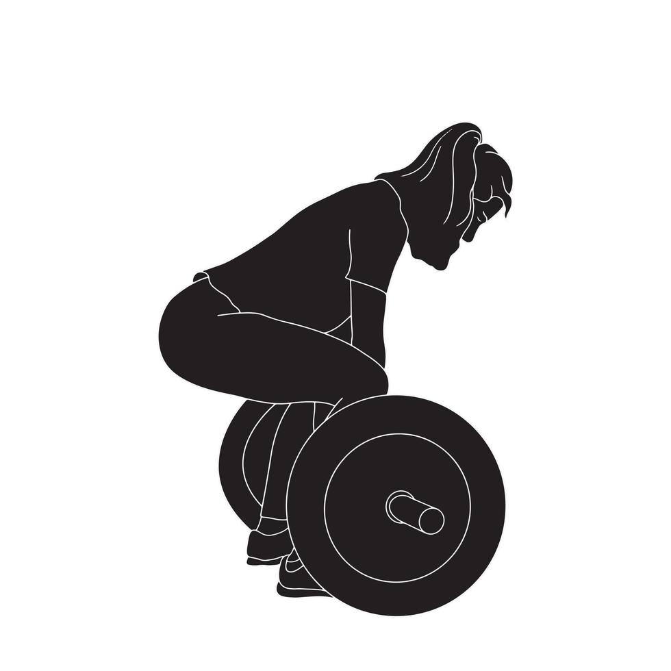 silhouette - women in the gym with heavy weight barbell vector