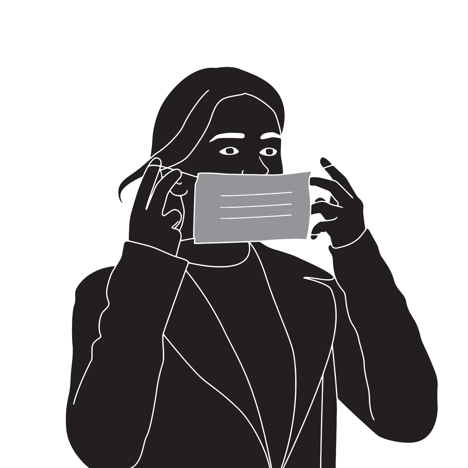 young woman wearing mask character silhouette on white background