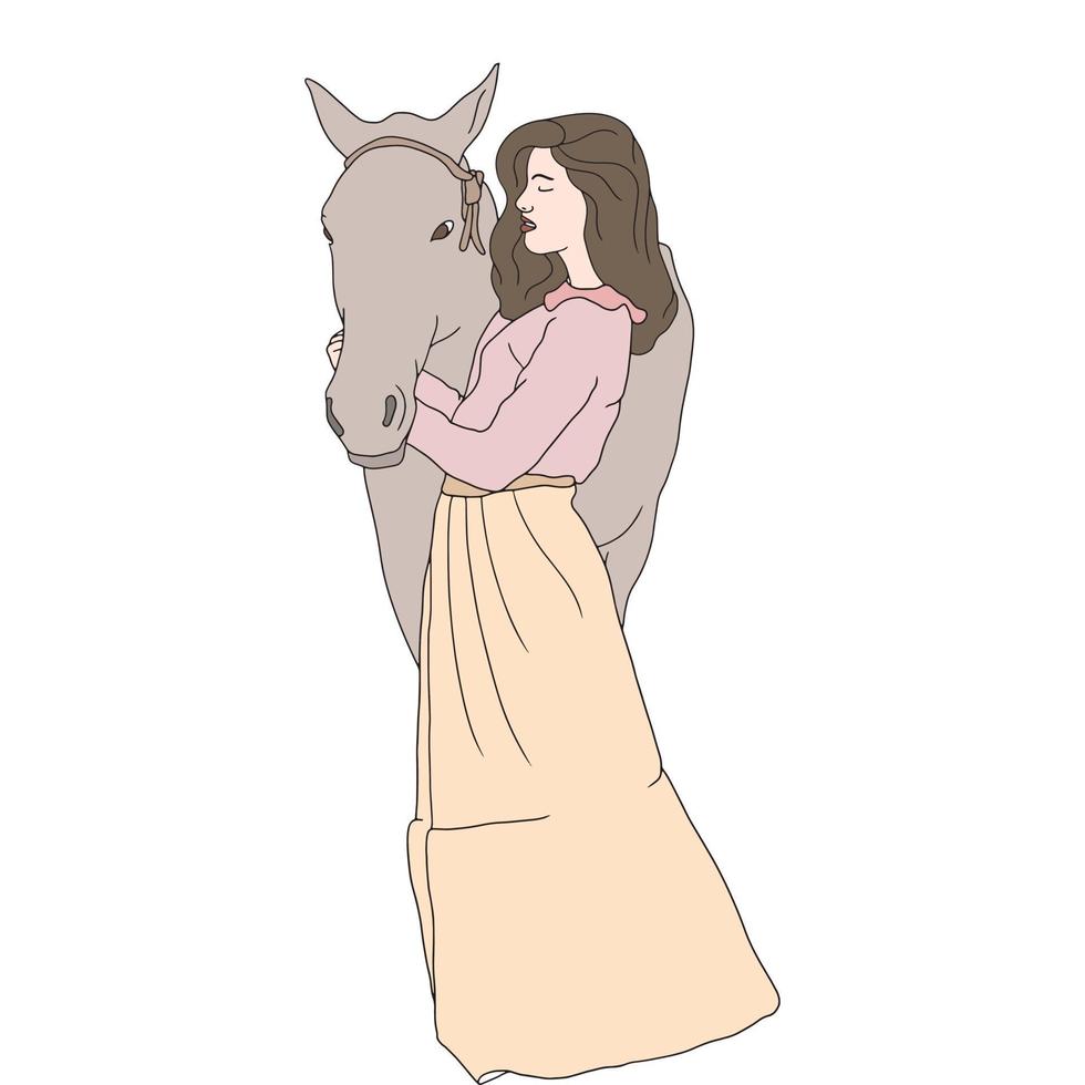 girl with the horse in standing pose, flat illustration of people vector
