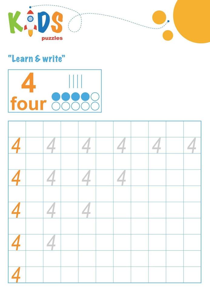 Learn and write numbers. Printable math worksheet vector