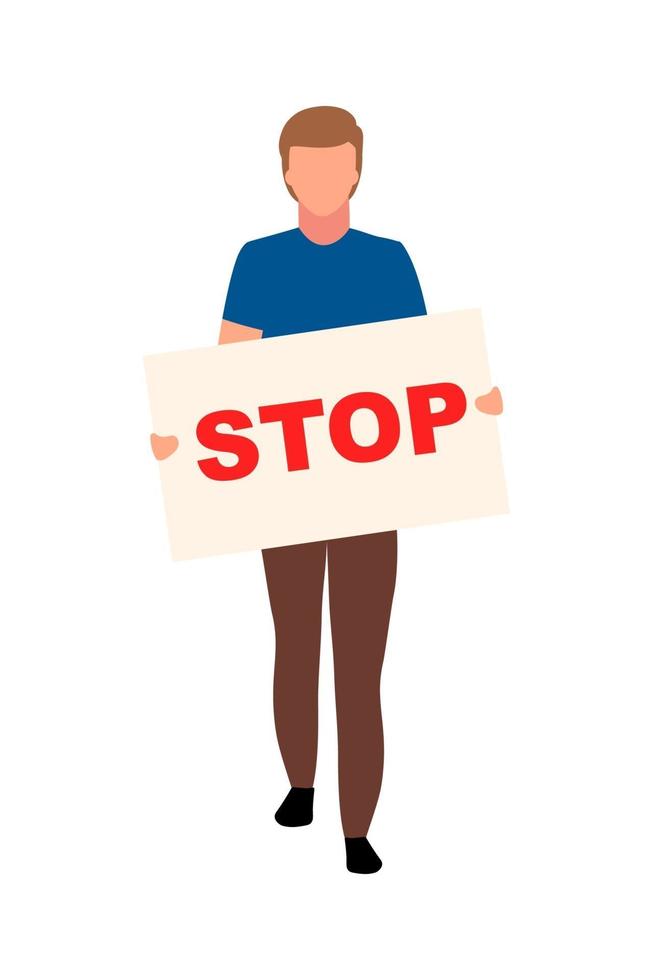 Man with stop placard semi flat color vector character