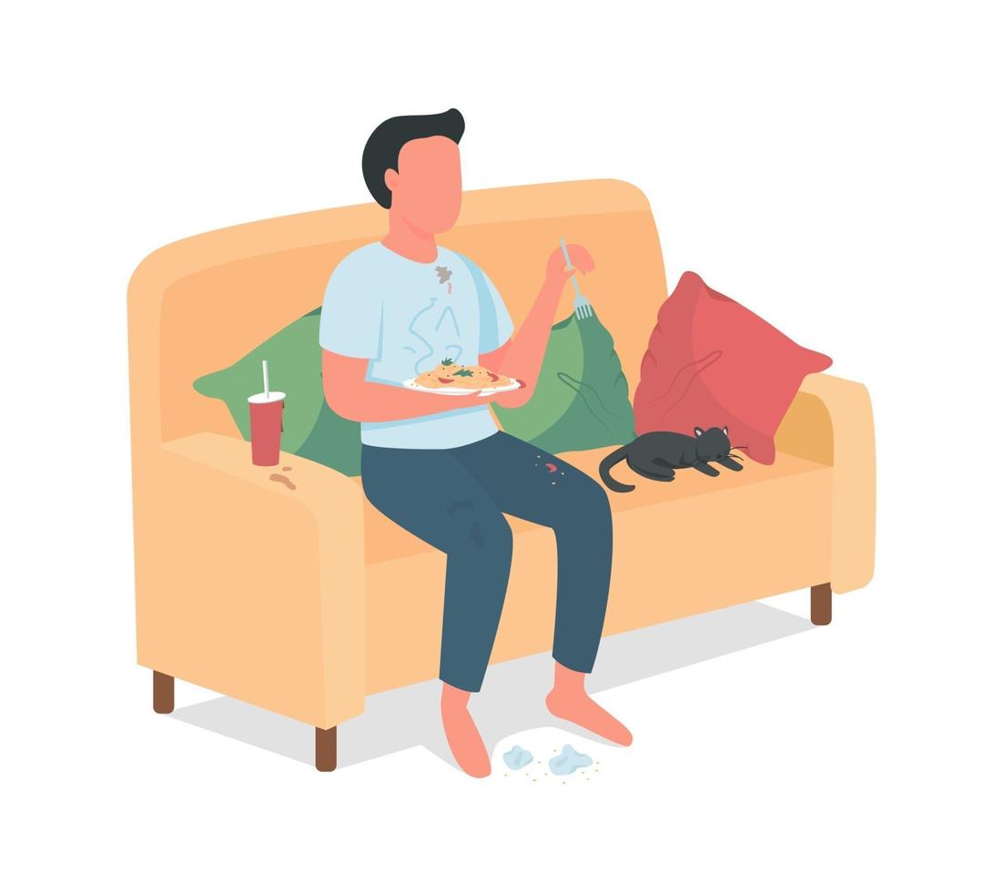 Careless male eating junk food on sofa semi flat color character vector