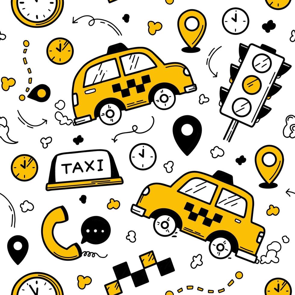 Taxi seamless pattern in the doodle style vector