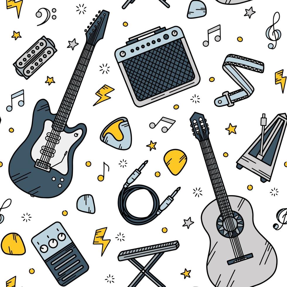 Patrón sin costuras de música de guitarra en estilo doodle vector