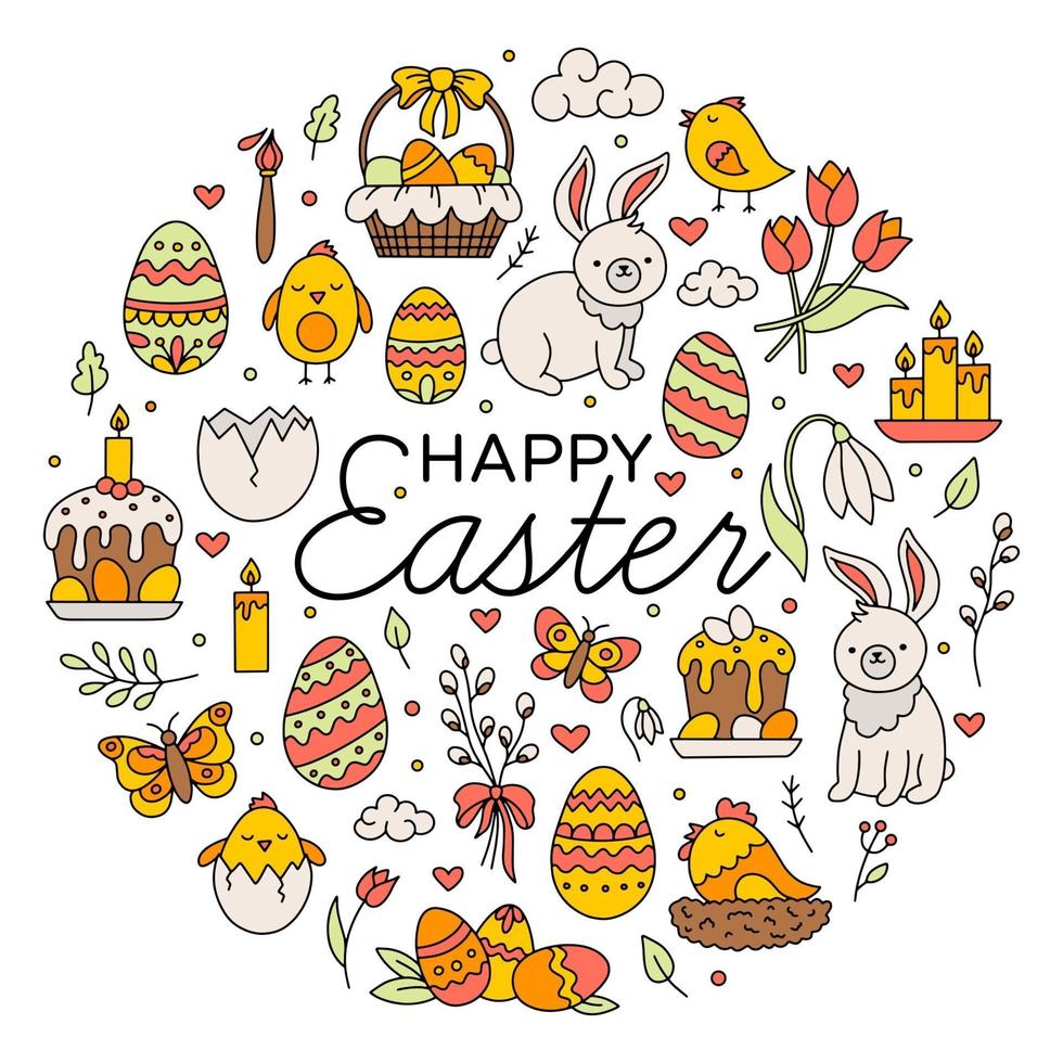 Happy Easter set of icons in the Doodle style vector