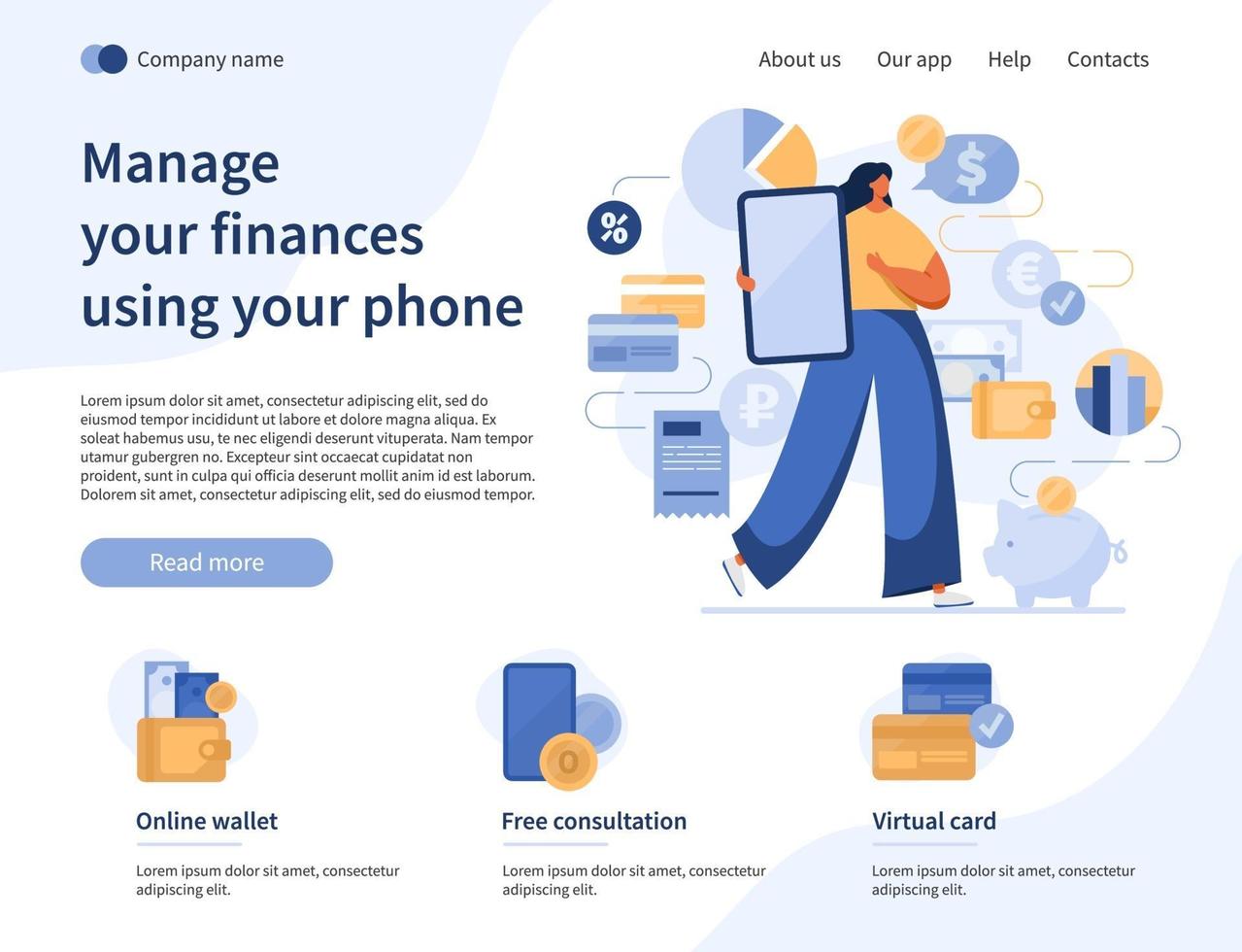 Finance website landing page with smartphone app. vector