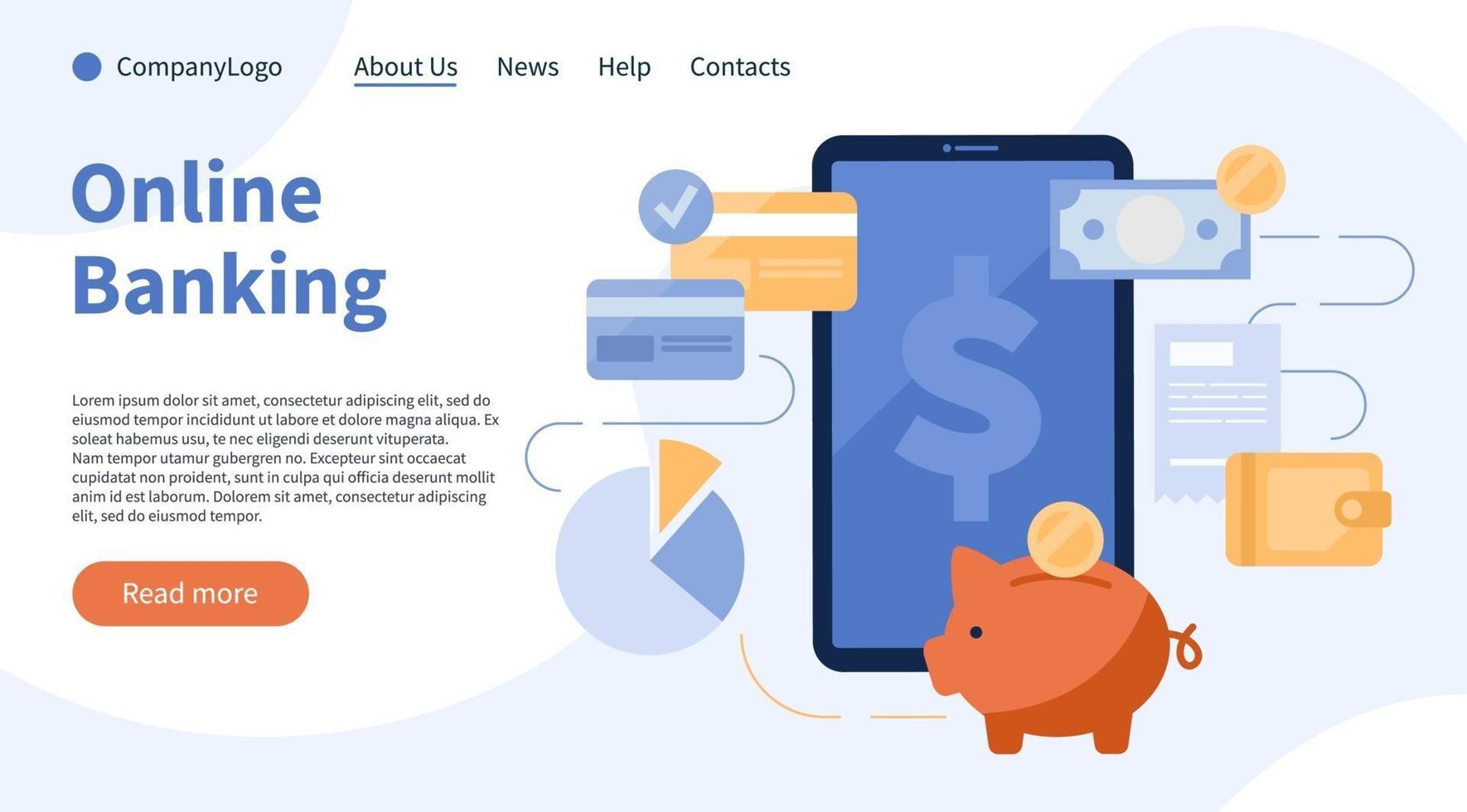 Online banking phone and cash, coins, landing page vector