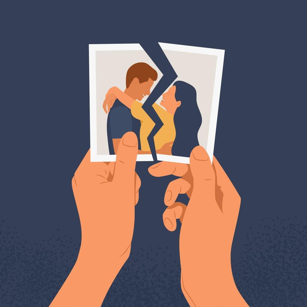 Hands holding a torn photo of a couple in love vector