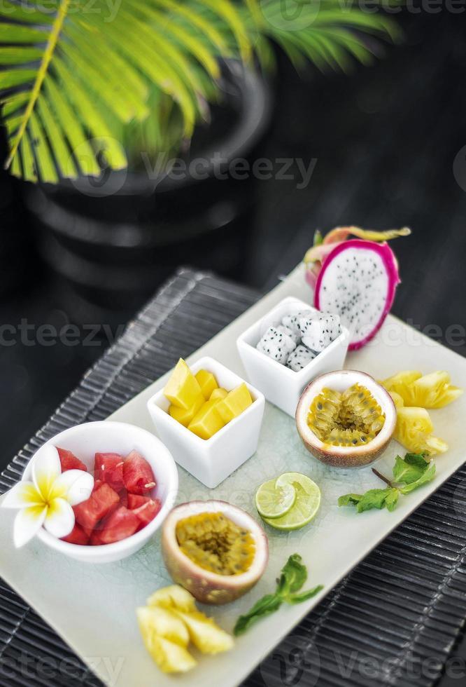 Mixed fresh exotic tropical Asian fruit platter in Phu Quoc Vietnam photo