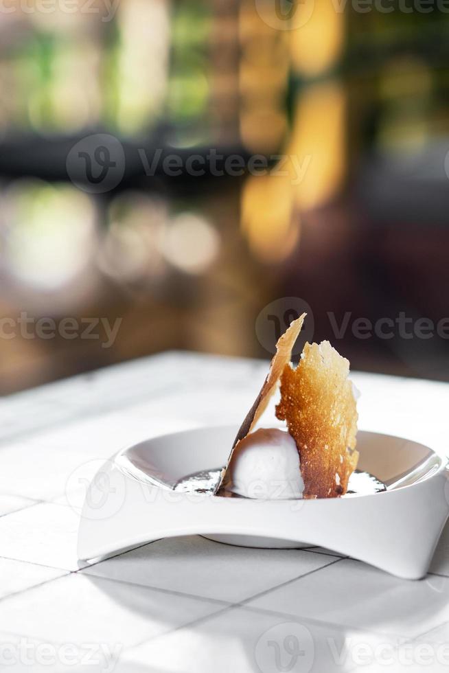 Madagascar vanilla gourmet ice cream with toasted sweet milk chips dessert photo