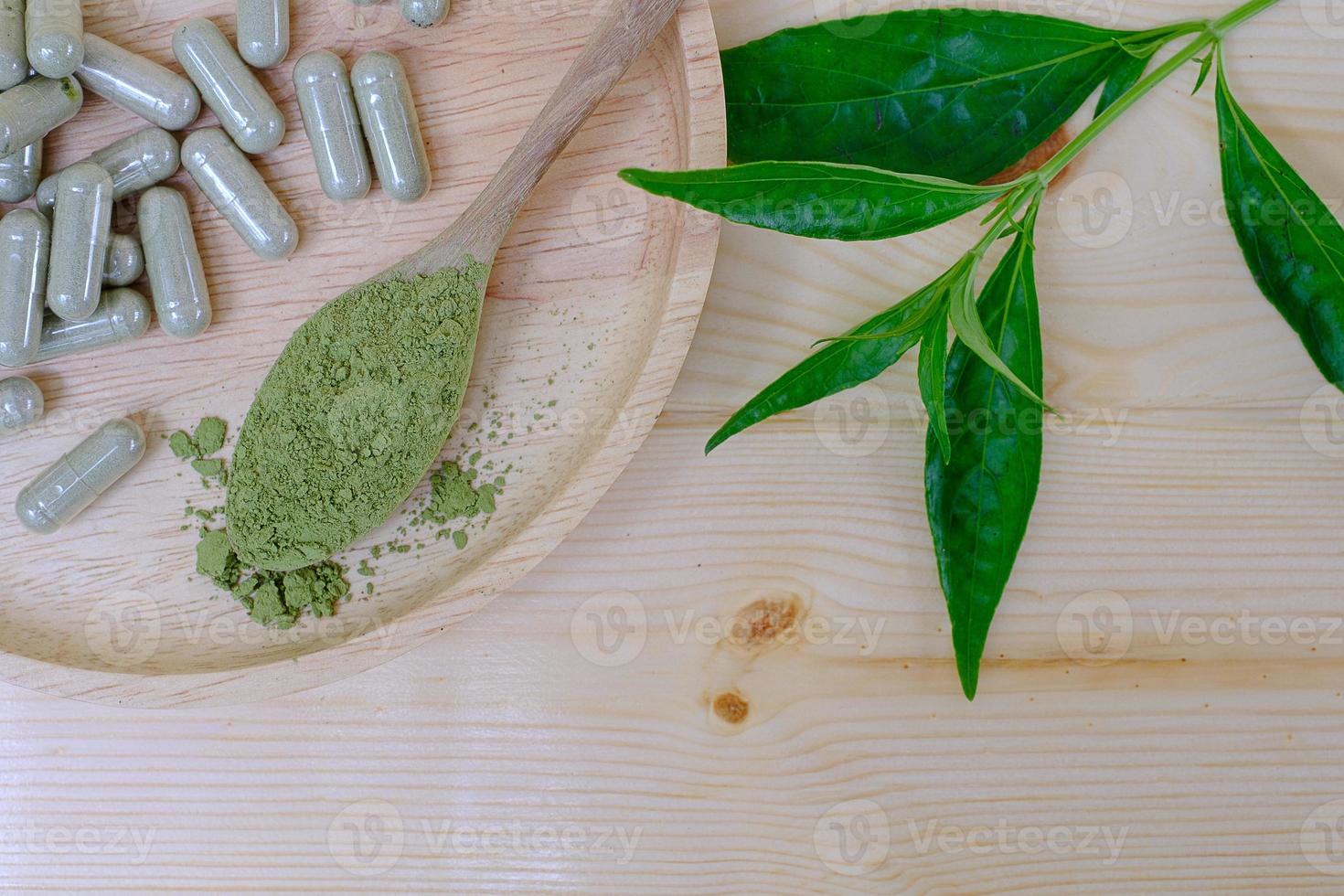 Kariyat or andrographis paniculata powder in wooden spoon photo