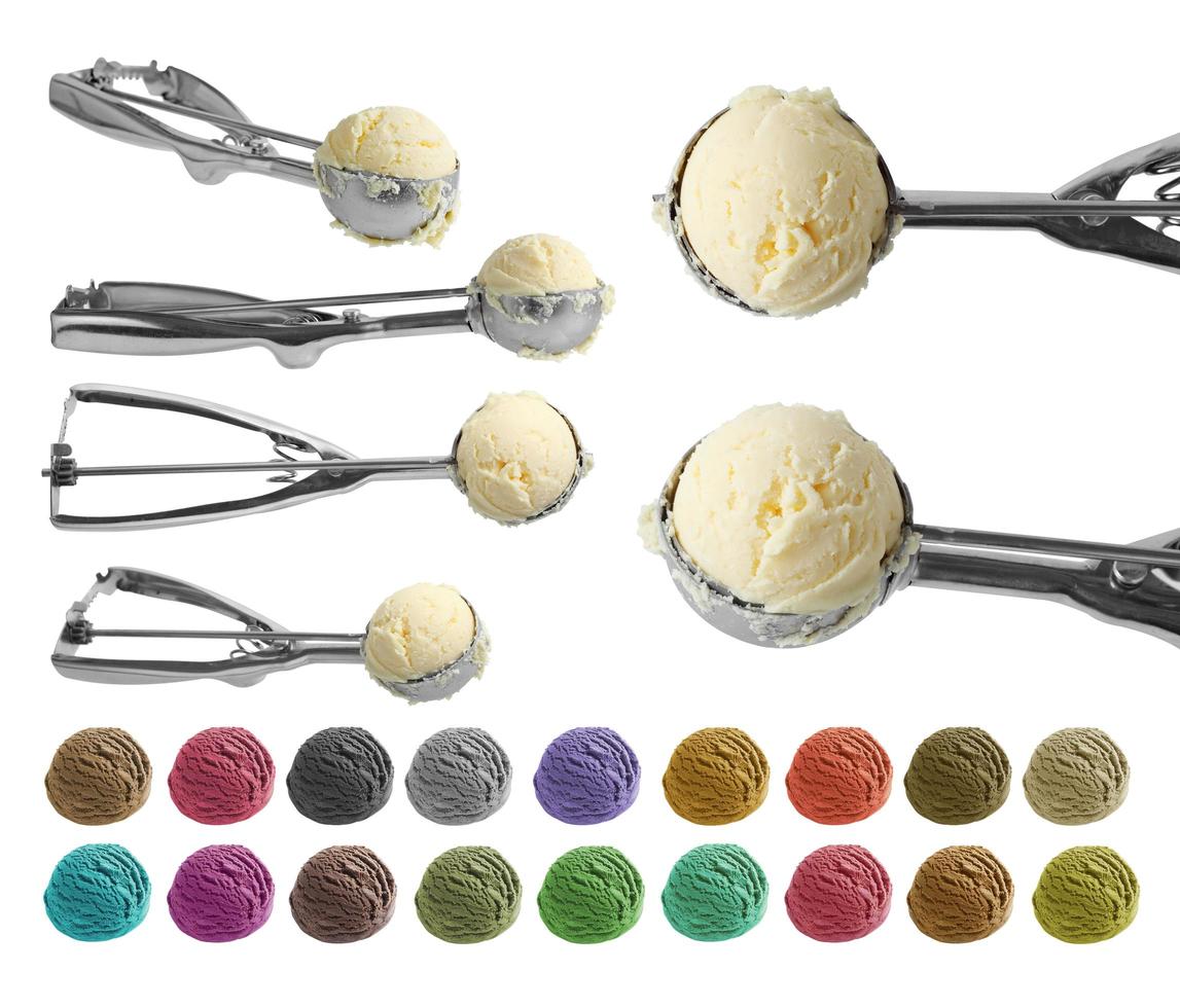 Group of ice cream and metal ice cream scoop on white background photo
