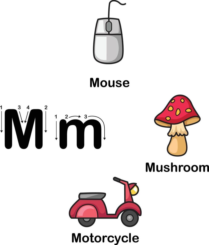 Alphabet Letter M-mouse,mushroom,motorcycle vector illustration