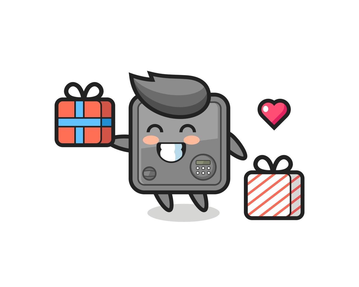 dibujos animados de la mascota de la caja segura dando el regalo vector
