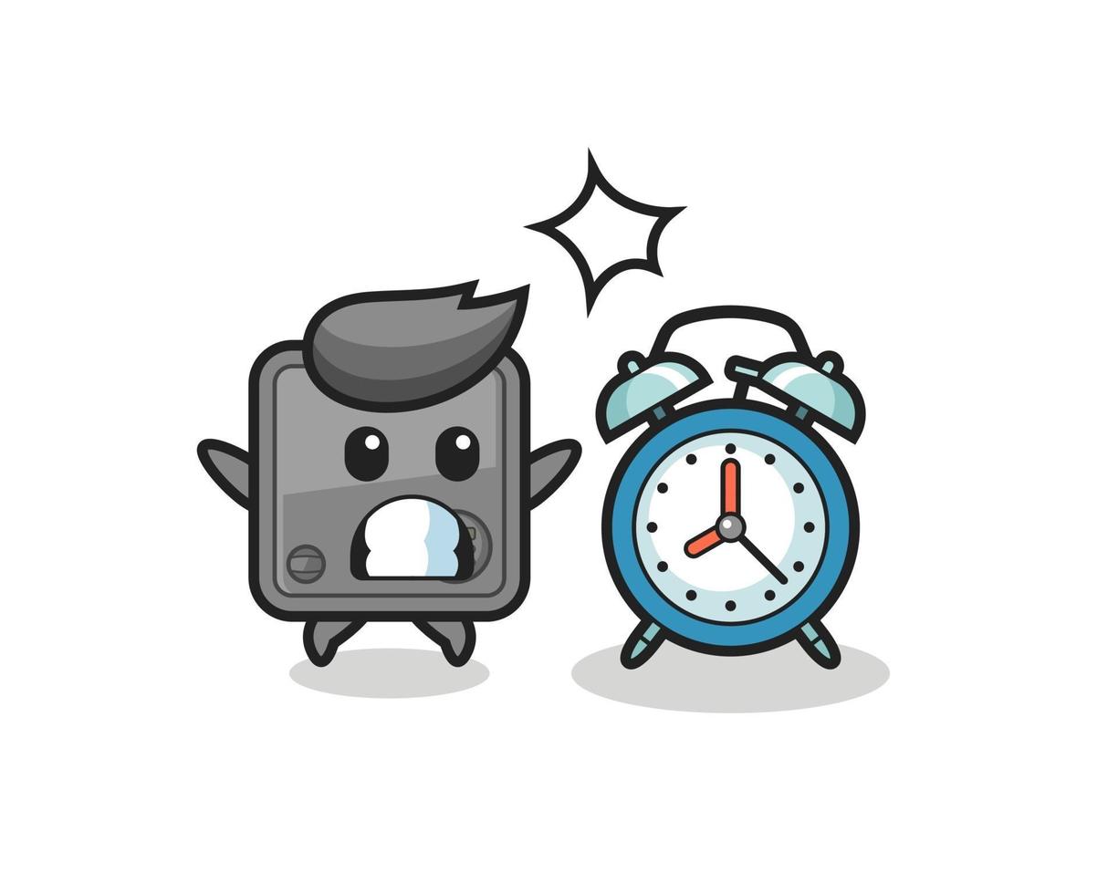Cartoon Illustration of safe box is surprised with a giant alarm clock vector