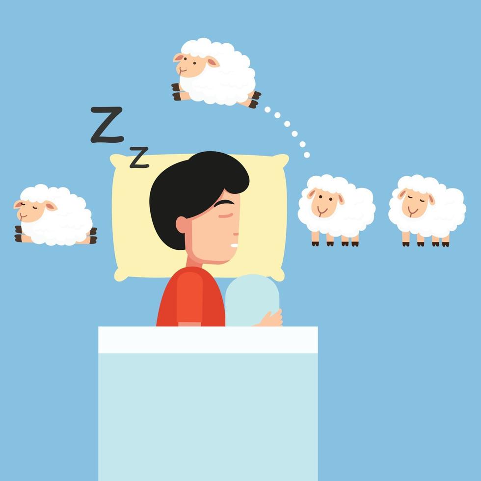hombre durmiendo, contando ovejas para quedarse dormido ilustración. vector
