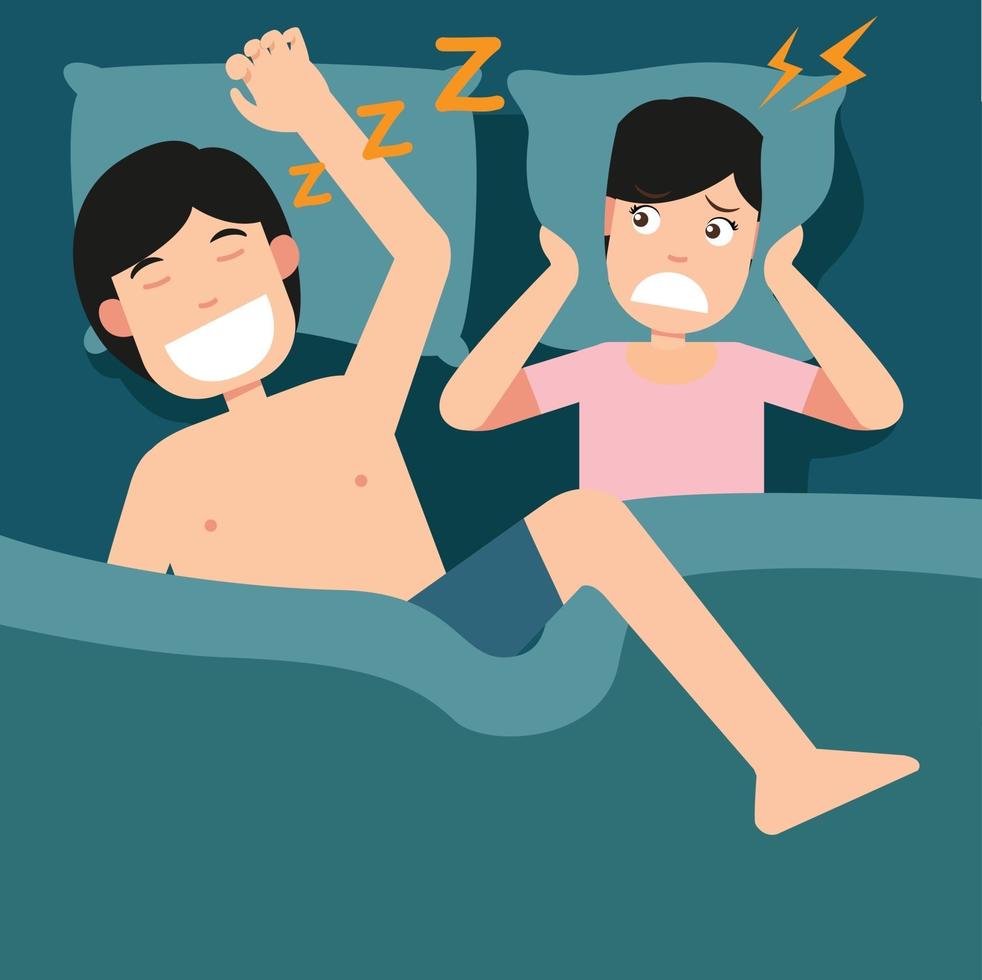 hombre roncando y mujer no puede dormir vector