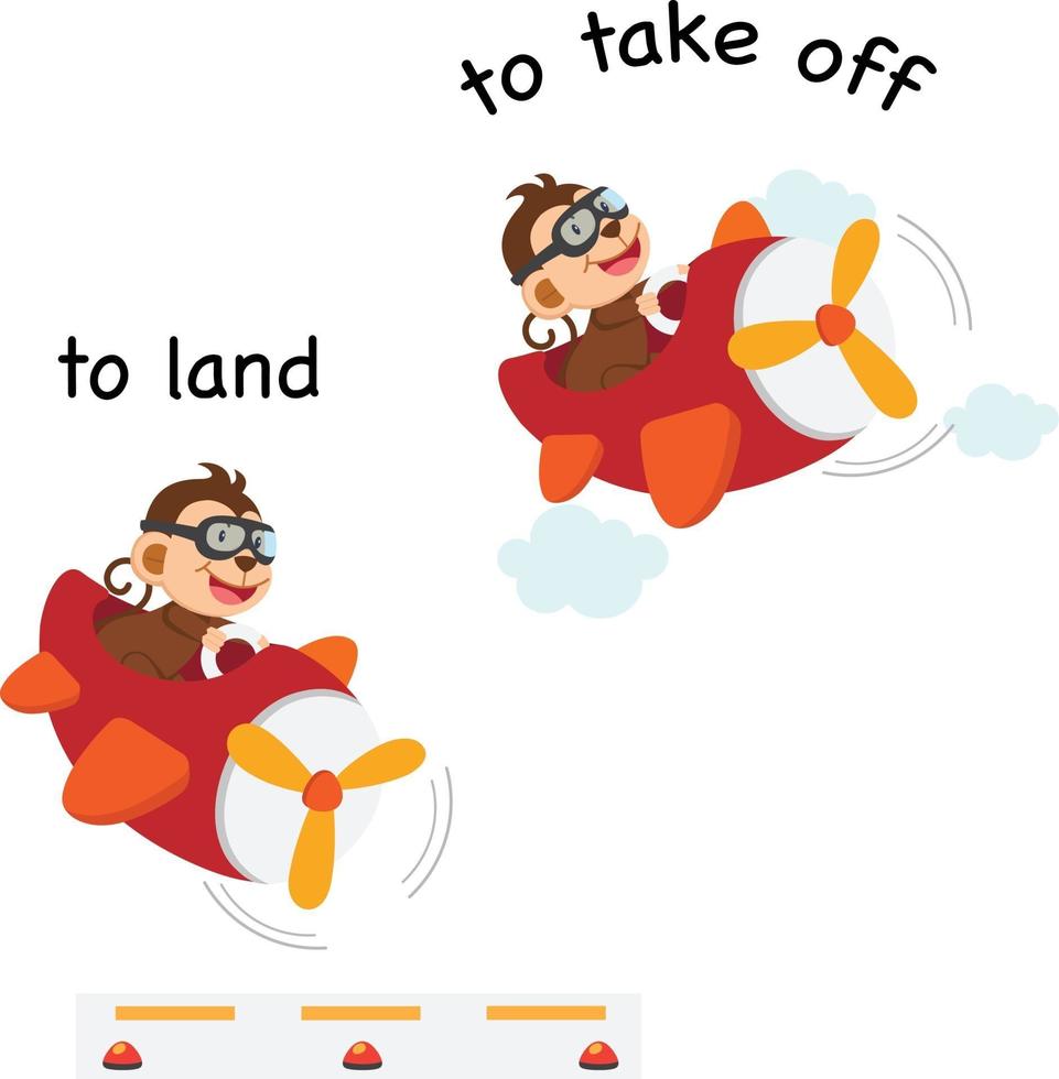 Opposite words to land and to take off vector