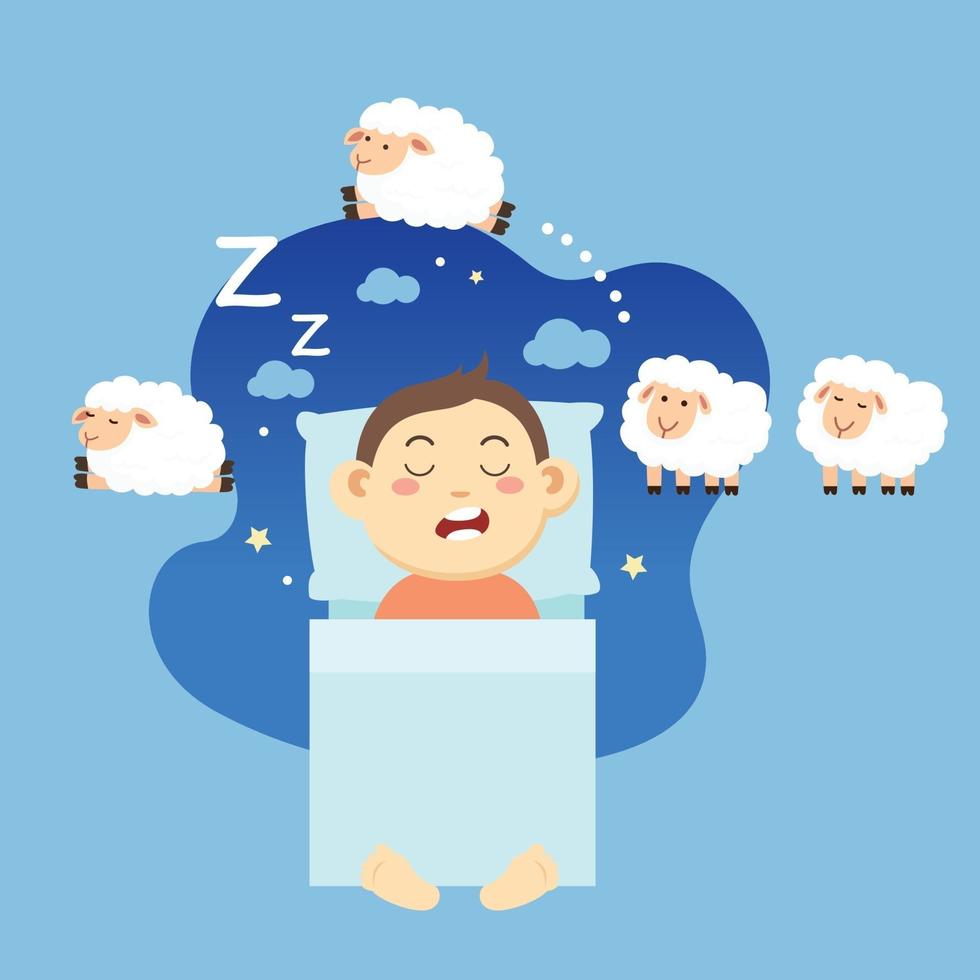 niño durmiendo, contando ovejas para quedarse dormido ilustración. vector