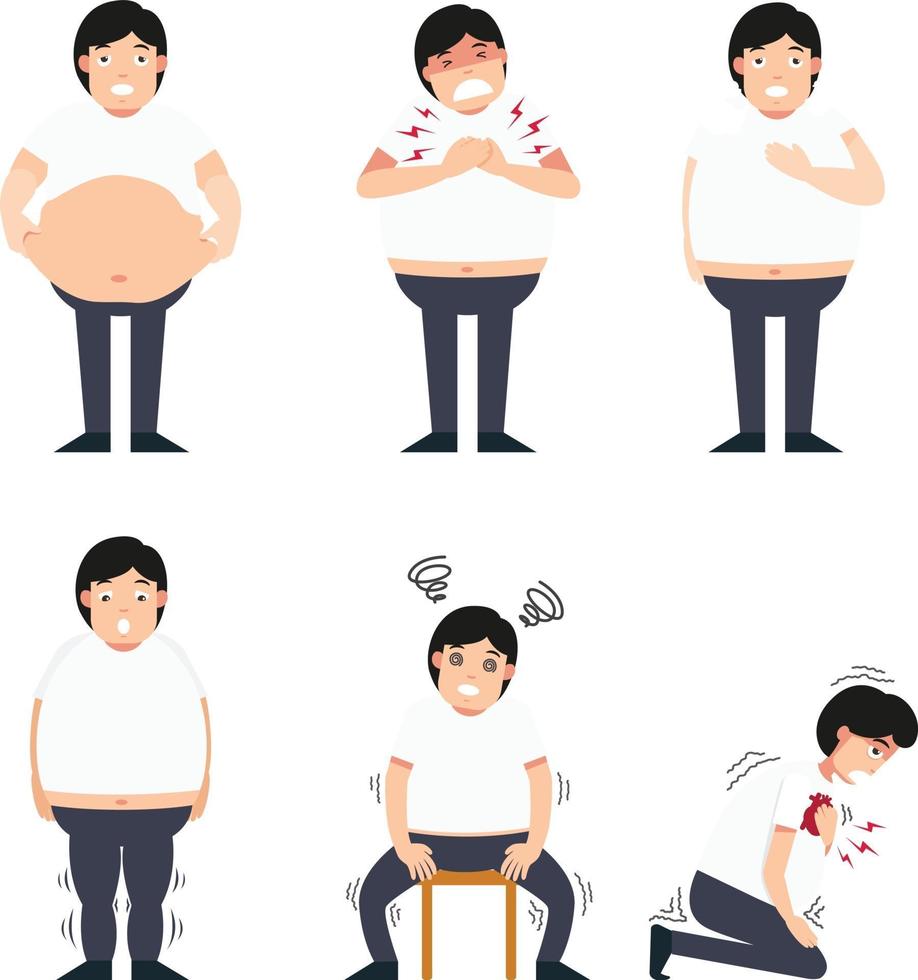 Ilustración de hombre gordo con diversas enfermedades. vector