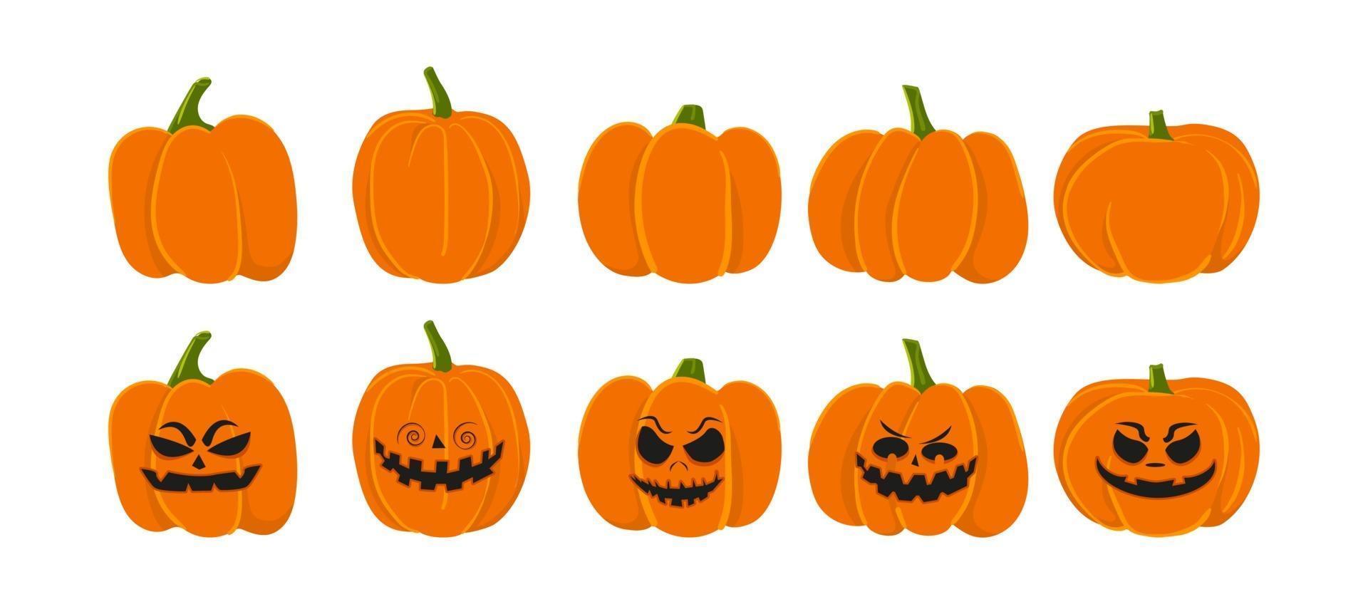 Set of ripe orange pumpkins and with creepy faces vector