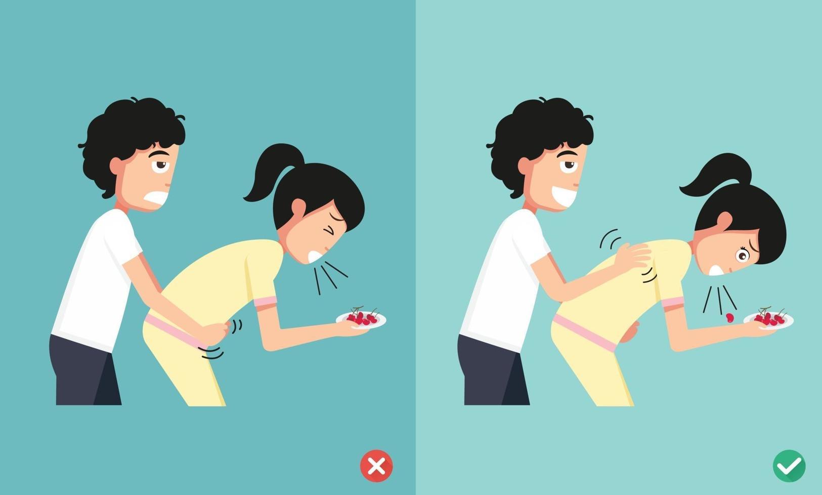 wrong and right ways first aid,man giving choking woman,illustration vector